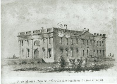 Presidentens hus efter dess förstörelse av britterna, från Wattersons "New Guide to Washington" av American School