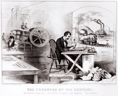 Århundradets framsteg: Lightning Steam Press, Electric Telegraph, Lokomotivet och Ångbåten, pub. av Currier & Ives, 1876 av American School