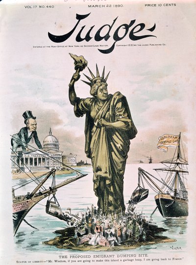 Den föreslagna emigrantdumpningsplatsen, främre omslaget till Judge, 22 mars 1890 av American School