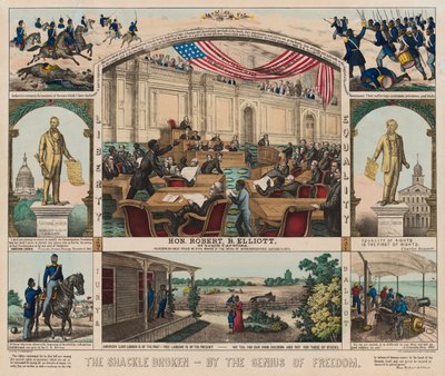 The Shackle Broken - By the Genius of Freedom, c.1860-1879 (färg litho) av American School