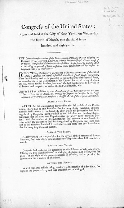 United States Bill of Rights, färdigställd 1789 (tryck) av American School
