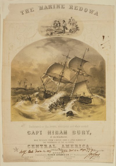 Briggen Marine räddade passagerare i livbåtar från ångbåten SS Central America efter att den fångats i en orkan utanför Carolinas i september 1857. Över 550 drunknade och 30 000 pund (14 000 kg) kaliforniskt guld gick förlorade. av American School