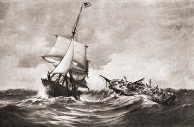 Infångandet av HMS Frolic av krigsslupen USS Wasp, en sjöaktion som utkämpades i Atlanten den 18 oktober 1812, under kriget 1812, från "The History of Our Country", publicerad 1905 (litho) av American School