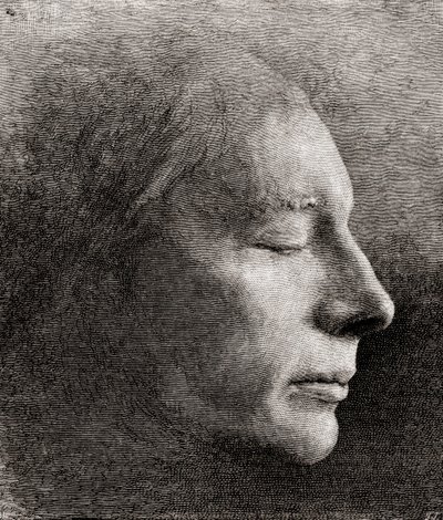 John Keats dödsmask, från "The Century Illustrated Monthly Magazine", publicerad 1884 (gravyr) av American School