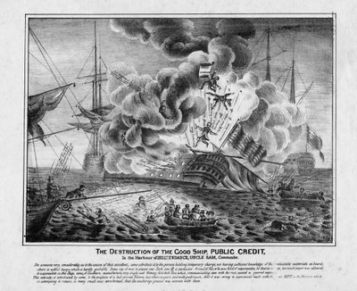 Förstörelsen av det goda skeppet Public Credit, i hamnen i Independence, Uncle Sam, Commander, c.1836 av American School