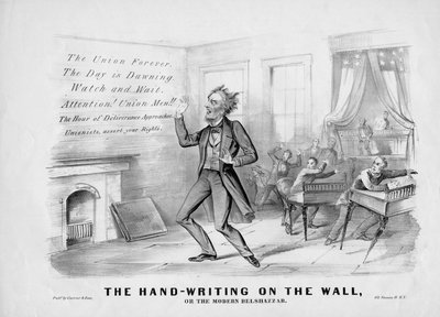 Handstilen på väggen, eller, The modern Belshazzar, publicerad av Currier & Ives, New York, ca 1864 av American School