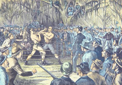 Det sista mästerskapskampen i bar knoge boxning 1889, John L. Sullivan v. Jake Kilrain i Richburg, Mississippi (färg litho) av American School