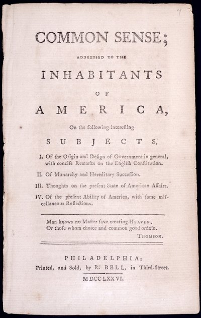 Titelsida till sunt förnuft av Thomas Paine (1737-1809) 1776 (tryckt) av American School