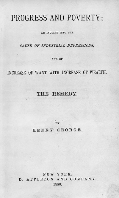 Titelsida till Progress and Poverty av Henry George, publicerad 1880 (tryckt) av American School
