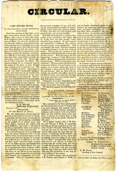 Till The People of Texas angående: belägring av mexikansk garnison i San Antonio de Bexar, 10 december 1835 av American School