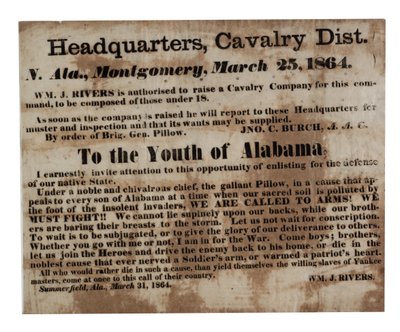 Till ungdomen i Alabama: Vi kallar till vapen! (rekrytering bredsida), 25 mars 1864 av American School