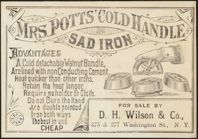 Byteskort för Mrs. Potts" Cold Handle Sad Iron, ca 1870-1900 av American School