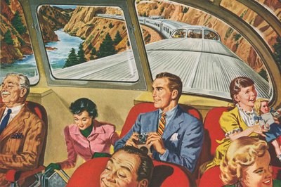Resenärer som njuter av en futuristisk tågresa av American School