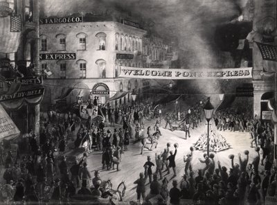 Triumferande ankomst av den första Pony Express Messenger i Sacramento, 13 april 1860 (wc på papper) av American School