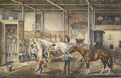 Travsprickor hemma, ett modellstall, pub. 1868, Currier & Ives av American School