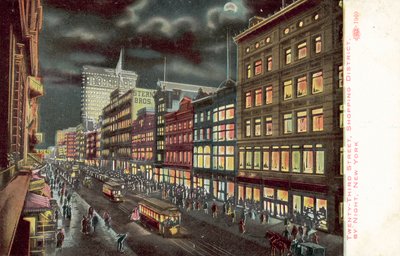 Shoppingdistriktet på Twenty-Third Street i New York, nattetid (färglitografi) av American School