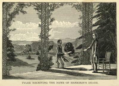 Tyler tar emot nyheterna om Harrisons död, pub.1888 (gravyr) av American School