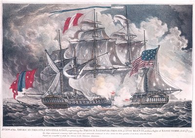 US Fregate Constellation fångar LInsurgente i Västindien vid slaget vid Basseterre, 9 februari 1799, publicerad 1800 av American School