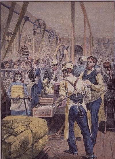 Amerikansk textilindustri, textilfabrik i norr, ca 1870 (färgad gravyr) av American School