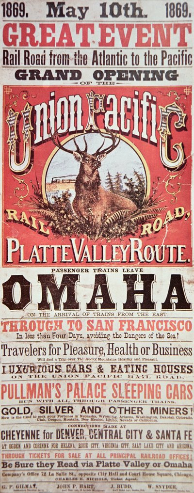Union Pacific Railroad-affisch som annonserar den första transkontinentala järnvägen över USA av American School