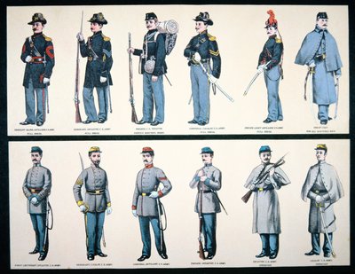 Uniformer för fackliga och konfedererade arméer (litho i färg) av American School
