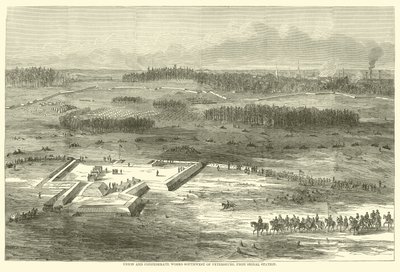 Union and Confederate arbetar sydväst om Petersburg, från signalstationen, mars 1865 av American School