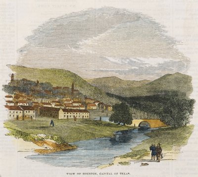 Utsikt över Houston, Texas huvudstad, ca. 1852 (handfärgad trästick) av American School