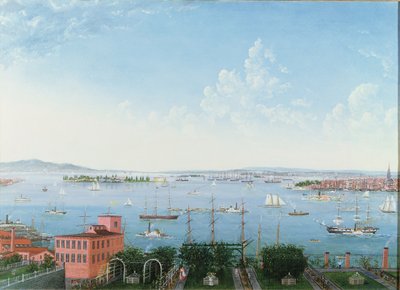 Utsikt över New Yorks hamn från Brooklyn Heights, ca 1860 (olja på linne) av American School