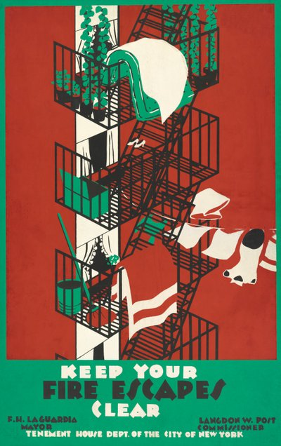 Vintage affisch av en brandflykt i New York City av American School