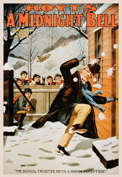 Vintageaffisch av pojkar som kastar mannen med snöbollar, 1890-99 av American School