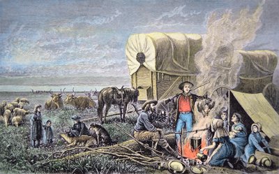 Vagnemigranter västerut (färgad gravyr) av American School