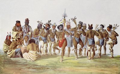Krigsdans av saukerna och rävarna, illustration från "The Indian Tribes of North America, Vol.1", av Thomas L. McKenney och James Hall, pub. av John Grant av American School