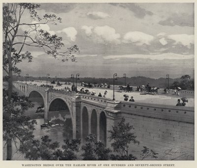 Washington Bridge över Harlem River vid One Hundred and Seventy-Second Street (litho) av American School