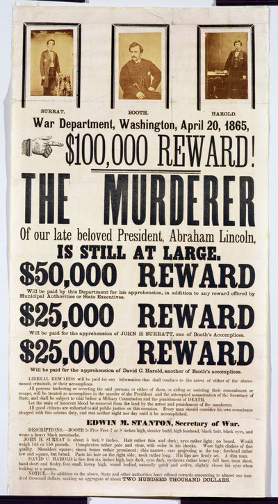Washingtons krigsdepartements affisch som tillkännager en belöning på 100 000 $ för att hitta Abraham Lincolns mördare, 20 april 1865 av American School
