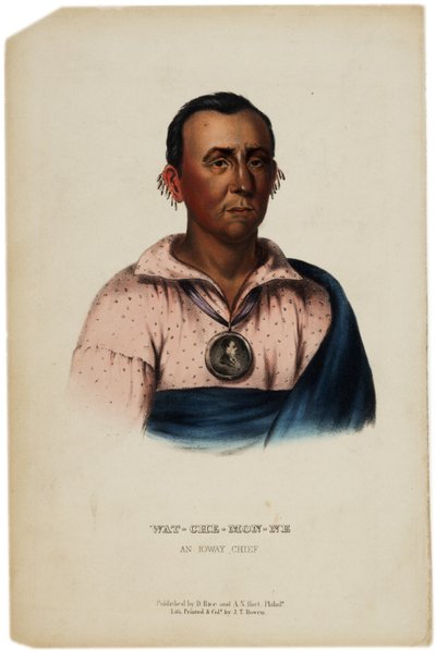 Wat-Che-Mon-Ne, Ioway-chef, tryck gjord av J. T. Bowen, illustration från The History of the Indian Tribes of North America av Thomas L. McKenney och James Hall, ca 1842-70 av American School