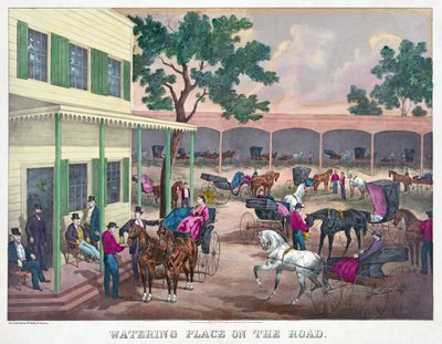 Watering Place on the Road, pub. 1870 (handfärgad gravyr) av American School