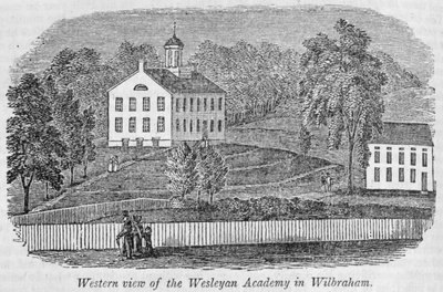 Västerländsk vy av Wesleyan Academy i Wilbraham, från "Historical Collections of Massachusetts", av John Warner Barber, 1839 (gravyr) av American School