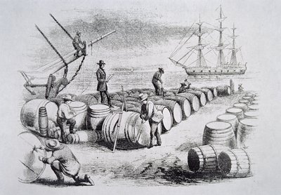 Valfångare som mäter olja i fat, från The American Whale Fishery, ca 1850 (gravyr) av American School