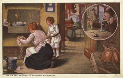 Kvinna som ringer en rörmokare (färg litho) av American School