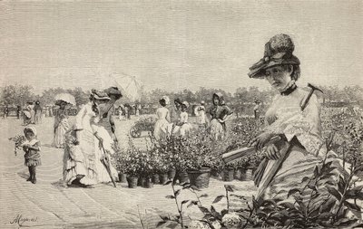 Kvinnor som går i Brera, Milano, Italien, gravyr från målningen Maggio (maj) av Amerino Cagnoni (1853-1923), från L