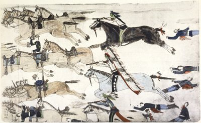 Slaget vid Little Big Horn 25-26 juni 1876. Reträtt för USA:s 7:e kavalleribataljoner under major Marcus Reno. Målning av Amos Bad Heart Buffalo (Sioux) ca 1900 av Amos Bad Heart Buffalo