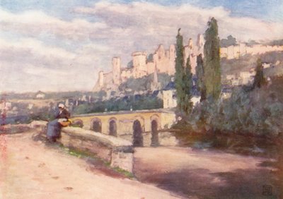 Chinon från kajen (färglitografi) av Amy B. Atkinson
