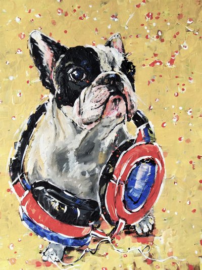 Frenchie med hörlurar av Anda Bieza