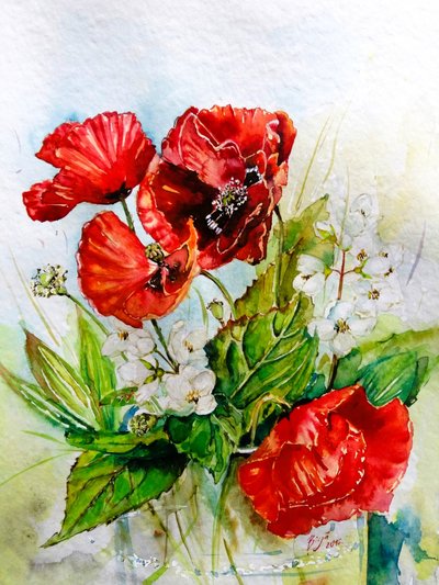 En bukett med klockblommor i intensivt rött av Anda Bieza