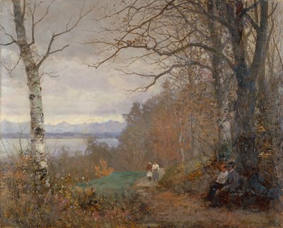 Ett trädbevuxet sjölandskap med figurer sittande på en bänk (olja på duk) av Anders Andersen-Lundby