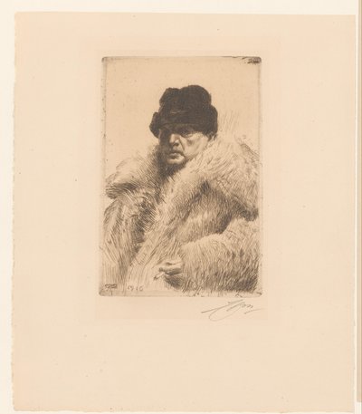 Självporträtt med päls och hatt av Anders Leonard Zorn (signed by artist)