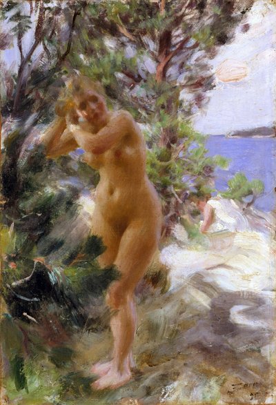 Apres le bain - Efter badet - Zorn, Anders Leonard (1860-1920) - 1895 - Olja på duk - 53,5x36,5 - Nationalmuseum Stockholm av Anders Leonard Zorn
