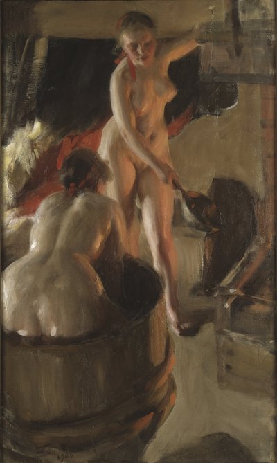 Filles de Dalecarlie prenant un bain - Flickor från Dalarna som badar, av Zorn, Anders Leonard (1860-1920). Olja på duk av Anders Leonard Zorn