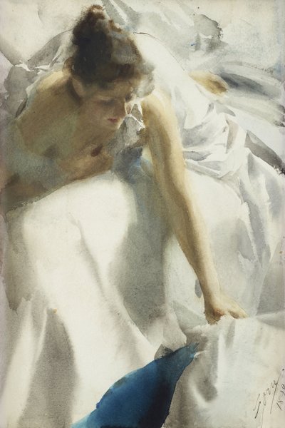 ""Reveil, boulevard Clichy, Paris"" (Awakening, Boulevard Clichy) Ung flicka i negligé - Akvarell av Anders Leonard Zorn (1860-1920) 1892 Privat samling av Anders Leonard Zorn