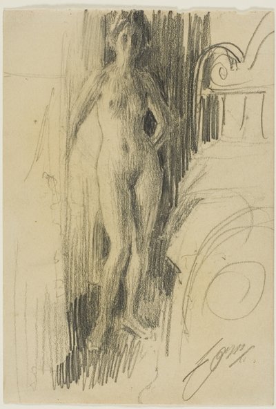 Naken figur som står nära en säng av Anders Leonard Zorn